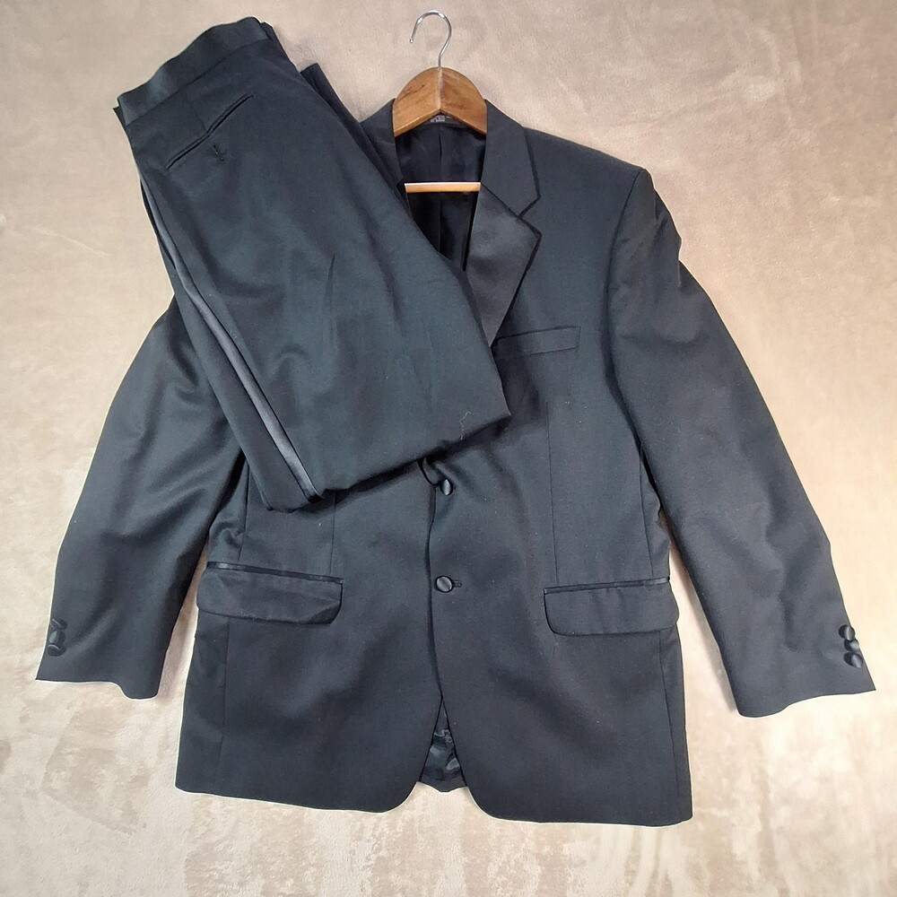 Jones New York Tuxedo Mens 43R Black Wool 2 Piece Satin Lapel Ventless Formal